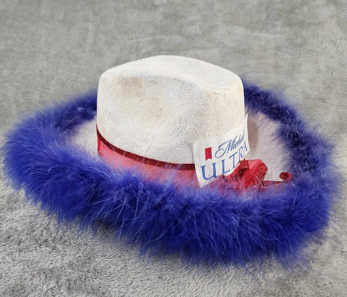 Vintage Denim Cowboy Hat By Canyon Trails Multicolor Ribbon & Feather 3” Brim Rust dyed bleach denim fedora hat 【WEB SHOP】 https  main image 2
