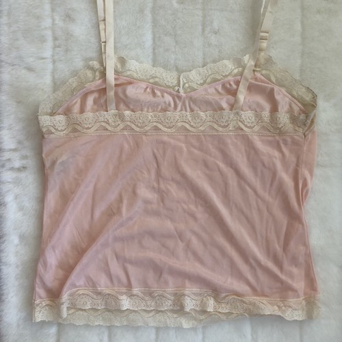 Vintage 80s Undercover Wear Pink Nylon Cami Tank Slip Top Size Large Lace Trim - Picture 3 of 9