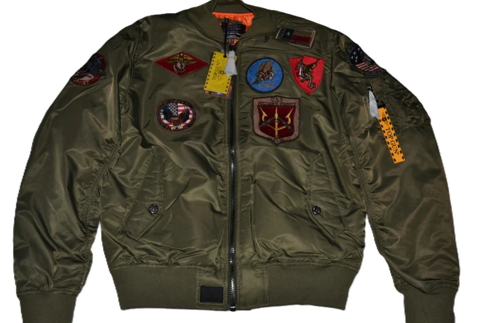 AUTHENTIC MEN’S TOP GUN MA-1 NYLON BOMBER JACKET PATCHES ARMY GREEN NWT - Image 3 of 4
