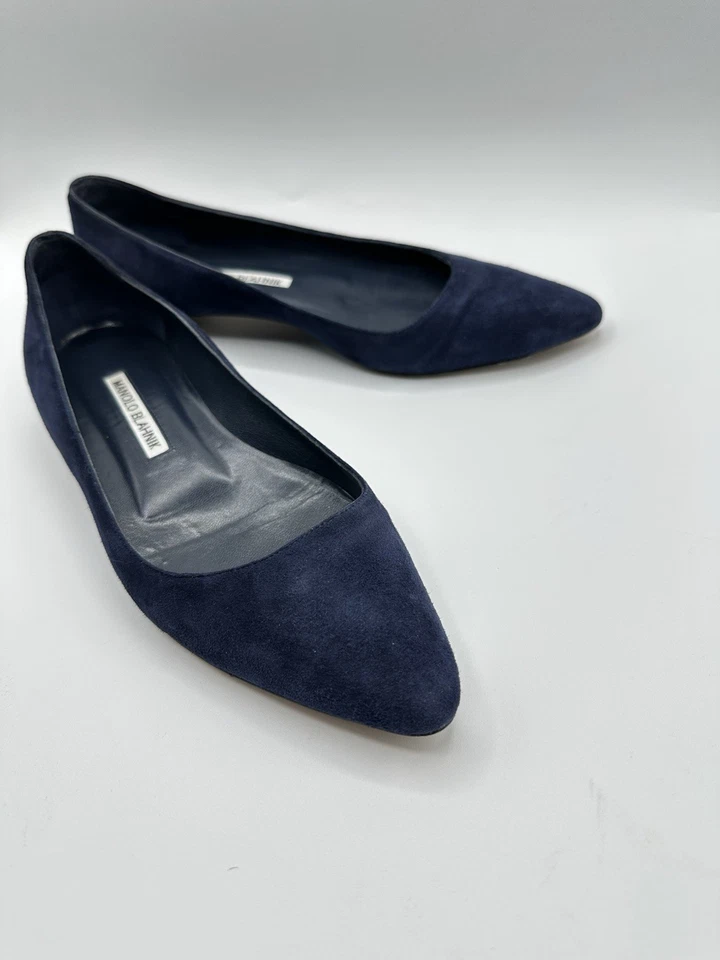 Mujer Diseñador Manolo Blahnik Azul Marino Gamuza Gelista Ballet Plano Talla 37 EE. UU. 7 Foto 3 de 4