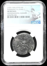 COLONIAL ERA SPAIN. Ferdinand and Isabella, 1474-1504, 4 Maravedis, NGC AG