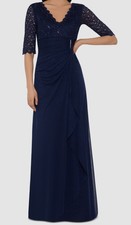 Betsy  Adam Women's Blue V Neck Lace-Top Lined Waterfall-Detail Gown Size 16