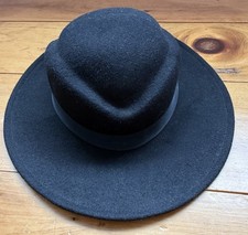 Vintage Arlin Black 100 Wool Felt Wide Brim Hat Made in USA Ribbon Women