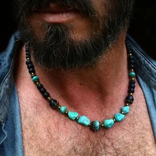 Mens Turquoise Necklace Surf Punk Natural Stone Necklace Hip-Hop Necklace Collar