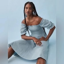 REFORMATION Arianna blue Celadon Stripe Off Shoulder Smocked Midi Dress Large