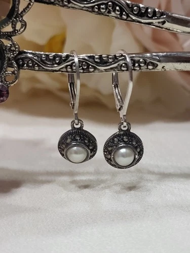 Judith Jack Earrings 925 Sterling Designer Sign Pearl Marcasite Halo Vintage 1"