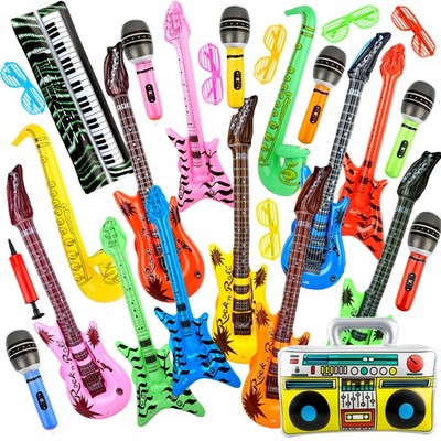 27 Pcs Inflatable Rock Star Instrument Set Inflatable Microphone Guitar Bass ...