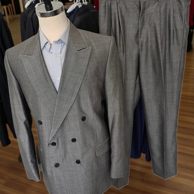 Vintage Double Breasted Suit 44L 37x30 Sharkskin High Rise 1990s