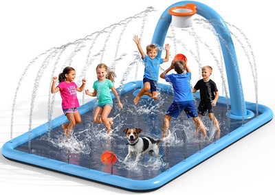 Splash Pad for Kids & Dogs, Large Sprinkler Pad Water Toys with Basketball Hoop,