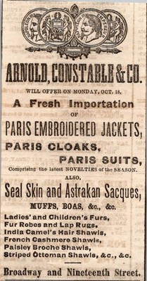 Arnold Constable & Co Paris Jackets Cloaks Suits 1869 NY Clipping TAJ7-M11