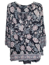 Lucky Brand Viscose Floral Border Print Henley 3/4 Sleeve Tunic Size 1X
