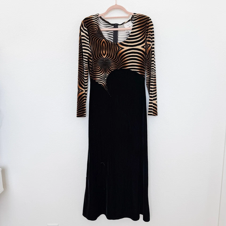 Vestido de Terciopelo Joseph Ribkoff Talla 6 Negro Marrón Manga Larga Geométrico Avant Garde Foto 2 de 4
