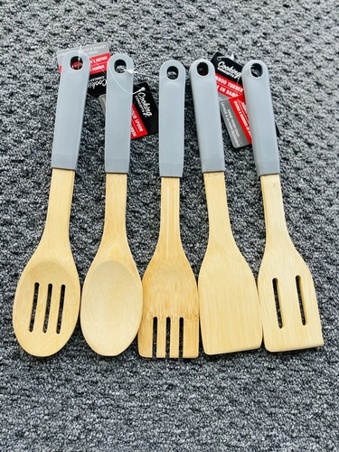 5 Bamboo Wood Spoons Cooking Concepts Utensil’s Soft Grip silicone Handles NWT - Picture 2 of 3