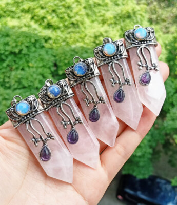 5pcs Rose Quartz Stone Sword Pendants Prism Chakra Reiki Healing Amulet