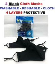 Unisex 2 BLACK Face Masks REUSABLE WASHABLE Face Covers ADJUSTABLE FASHION Mask 