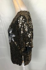 Vtg 80s Black Gold Silver Silk Sequins Floral Evening Party Formal Top Blouse M