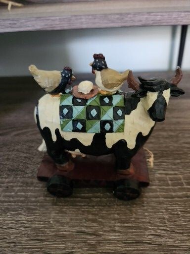 Vintage Style Wooden FARM Toy Cow With Chicken Wheels Pull Toy