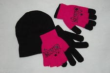 Girls WINTER 1 pr Gloves 1 pr PINK OMG Stars fingerless 1 Knit Hat Black