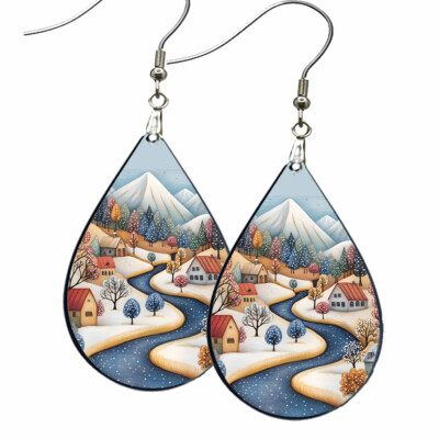 Folk Art Winter Town River & Snowy Mountains Earrings Teardrop NO TARNISH Wood
