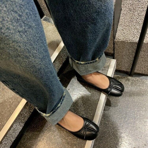 Leather Bowtie Tabi Split Toe Women's Pumps Loafer Mid Heel Ballet