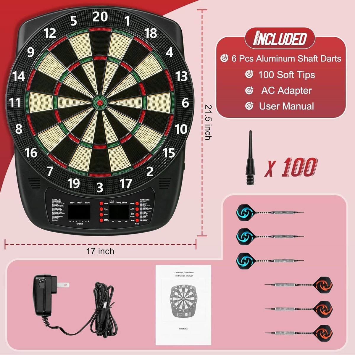 Electronic Dart Board, Soft Tip Dartboard Set 40 Games, 427