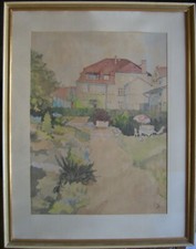 ::VILLA GARTEN MIT SONNENSCHIRM AQUARELL JUGENDSTIL ART DECO SOMMER ANTIK RAHMEN