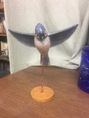 Rustic 8'' Wooden Blue Jay in Flight Figurine on Stand