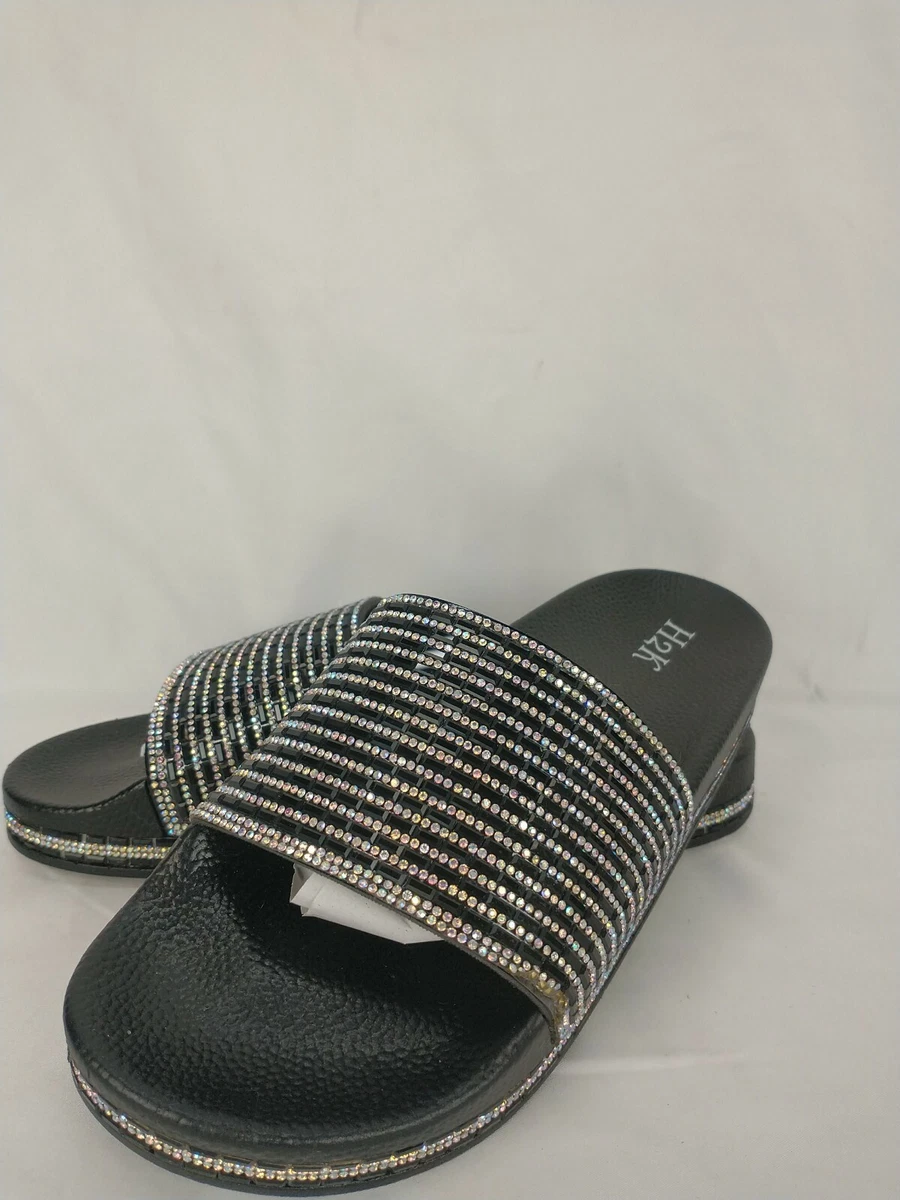 H2K BLACK Glitter Bling Sparkle Fancy Slides Sandals Low Flats