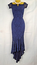 Quiz Blue Evening Dress Dipped Hem Glittery Embroidered Lace Bardot Cruise UK6