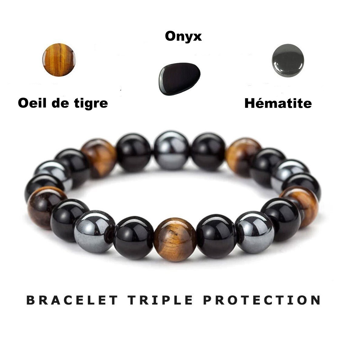 Bracelet Triple Protection en Oeil de Tigre et Onyx Véritable 8mm