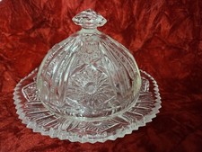 Vintage Crystal Cut Glass Swirling Hobstar Covered Butter Cheese Ball Dish Dome
