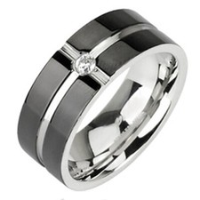 316L Stainless Steel Black Striped CZ Comfort Fit Band Ring Size 5-13