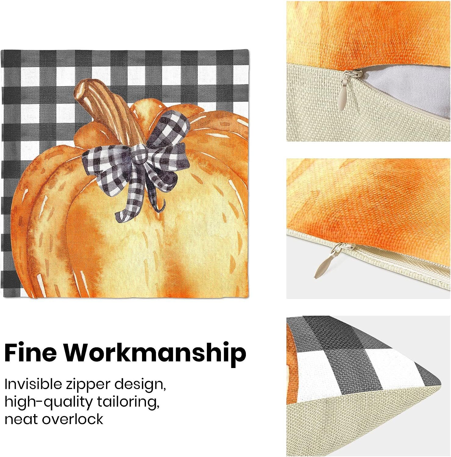 Fall Decor Pillow Covers 18x18 Set of 4, Buffalo Plaid Orange Pumpkin