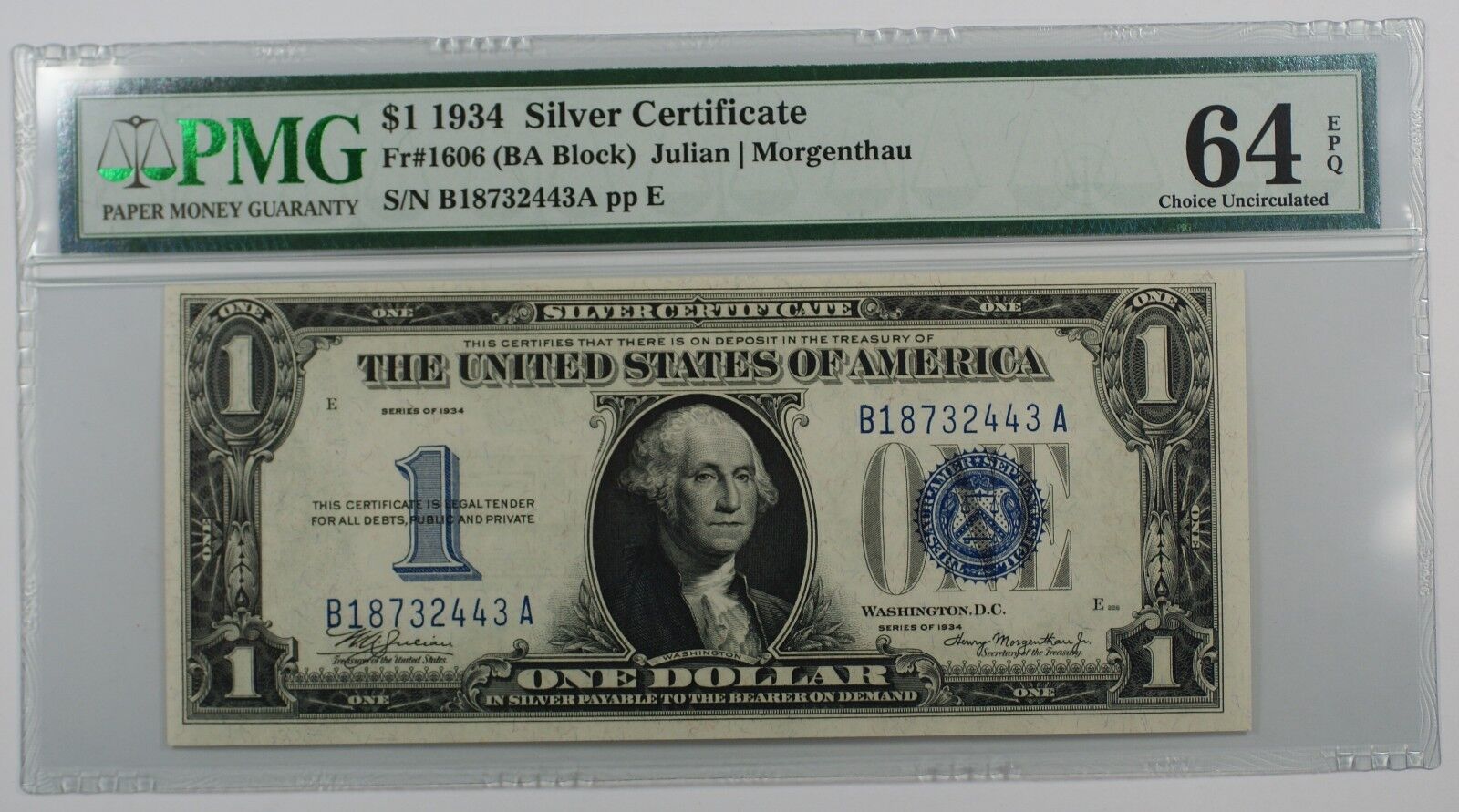 San Francisco Mall Over item handling 1934 One Dollar $1 Silver Certificate Block CU- PMG BA FR#1606