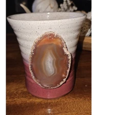 UNIQUE Studio Art Pottery With Agate Piece Round Vase Hand Thrown Signed Cheryl