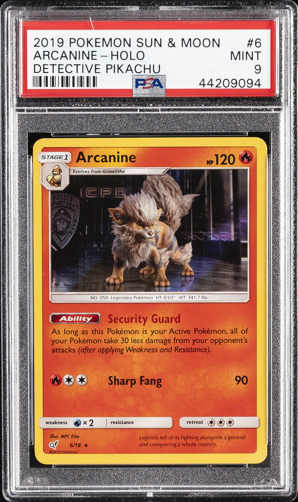 2019 POKEMON SUN & MOON DETECTIVE PIKACHU #6 ARCANINE-HOLO PSA 9