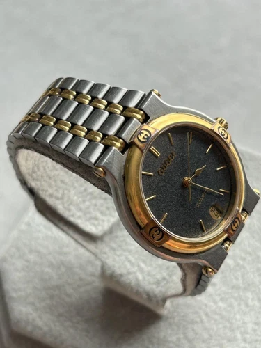 Gucci Men Wristwatch 9000M Black Round Silver Gold Quartz Analog No Work 115049 - Picture 2 of 11