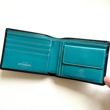 ETTINGER Authentic Leather Bifold Wallet Card Case / Black  Turquoise Blue