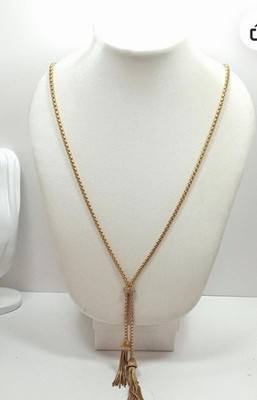 J Crew Silky Gold Tone Lariat Box Chain Double Tassel Necklace