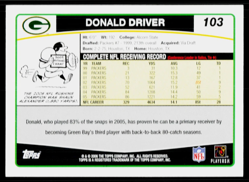 Donald Driver, 2006 Topps, #103, Green Bay Packers, - Image 2 of 2