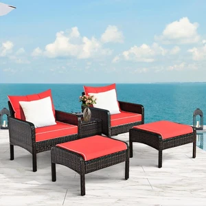 Costway 5PCS Patio Rattan Furniture Set Sofa Ottoman Table Cushioned Red