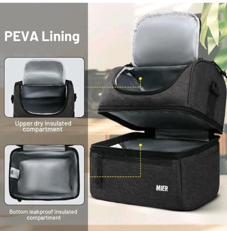 MIER Adult Lunch Box Insulated Lunch Bag Large, Dark Grey, Double Decker Cooler - Image 4 of 4
