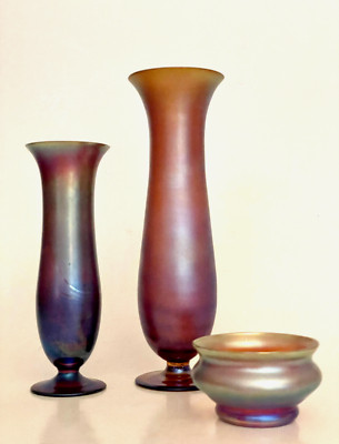 3 Objekte  WMF Geisslingen  Myra Glas Karl Wiedmann (Dekortechnik) matt irisiert