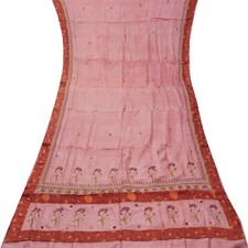 Vintage Pink Sarees 100 Pure Silk Hand Embroidered Floral Sari 5YD Craft Fabric