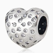 925 STERLING SILVER HEART THREADED CZ CHARM BEAD FITS EUROPEAN BRACELET BANGLE