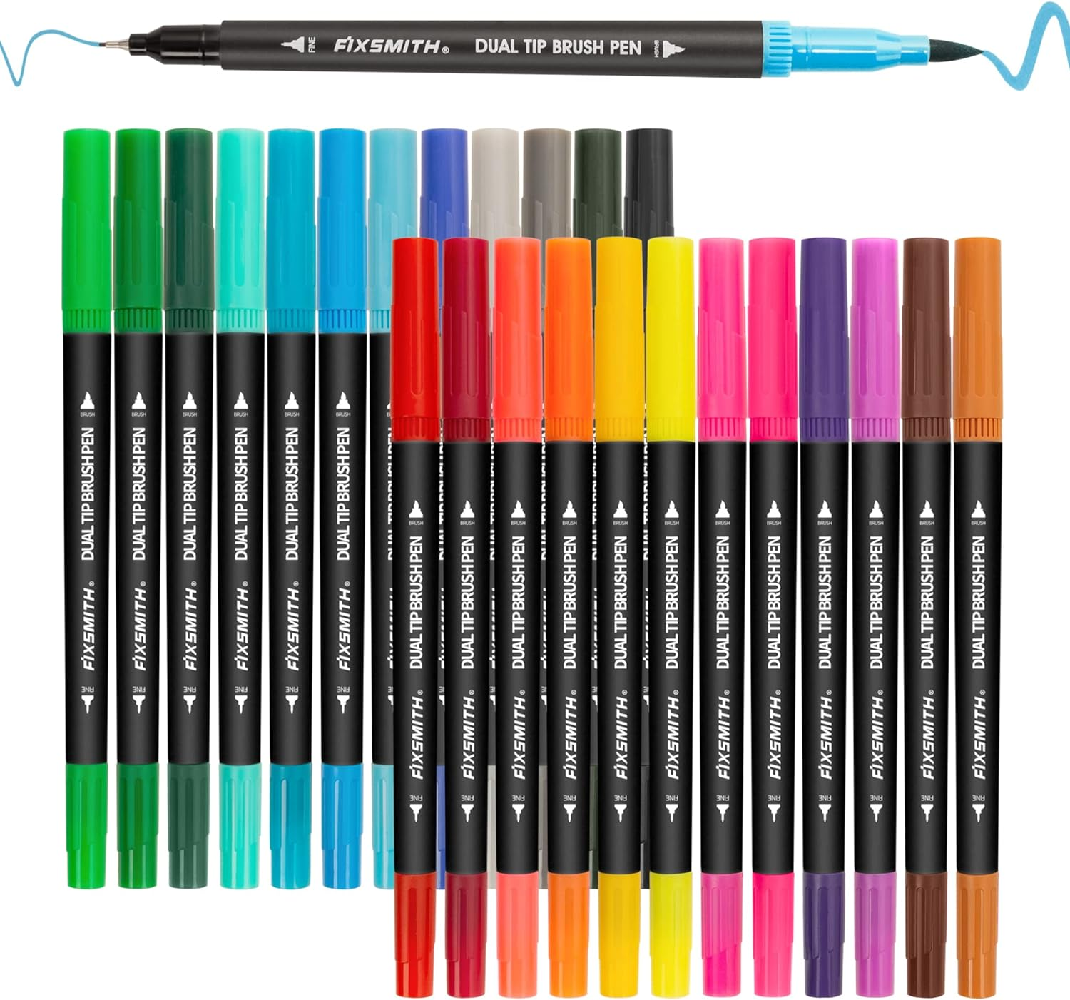 Dual Brush Marker Pens - 24 Colored Art Markers, Fine Point & Brush Tip Water Ba