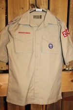 Boy Scouts of America BSA Youth Shirt Large Tan Sewn on patches