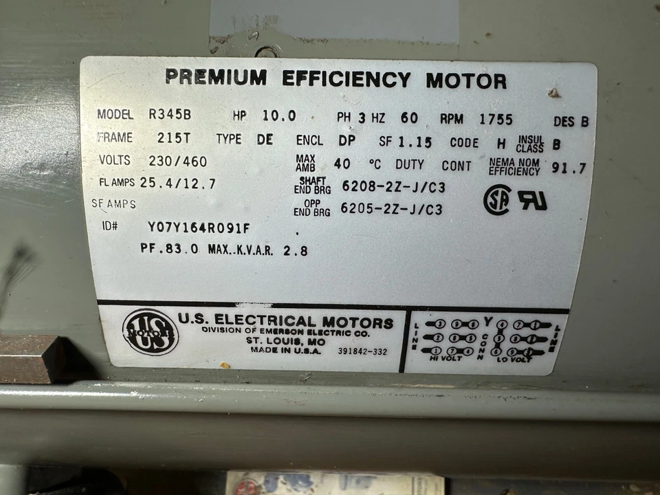 US Electrical Motors Premium Efficiency Motor R345B 10HP 3PH 60Hz 1755RPM 215T - Image 2 of 4