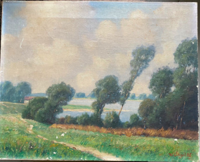 ::WERNER VOGEL 1889-1957 OIL PAINTING SHORE LANDSCAPE WITH TREES IN DÜSSELDORF