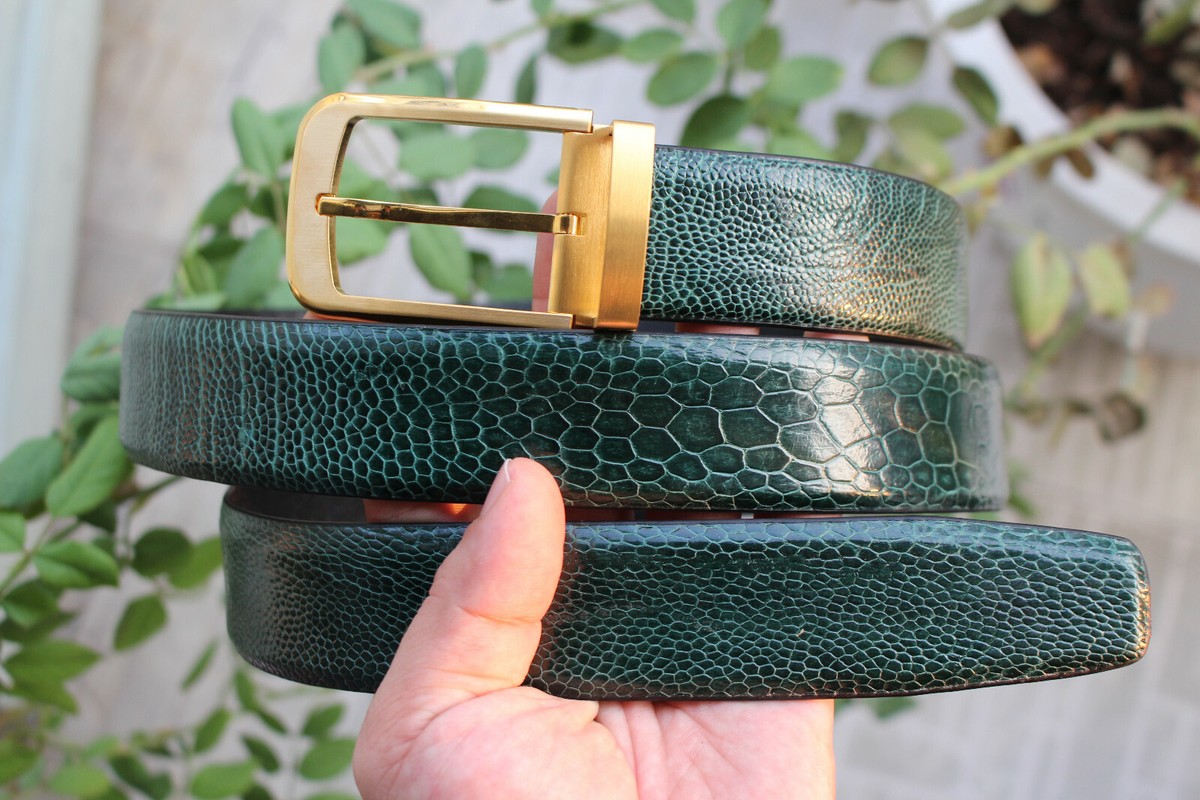 Dark Green Genuine Ostrich Leg Leather Skin Men display picture 3